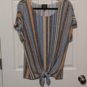 W5 womens Blouse Vertical Stripe W/ Tie Front Pastel Grey Sz Large Top